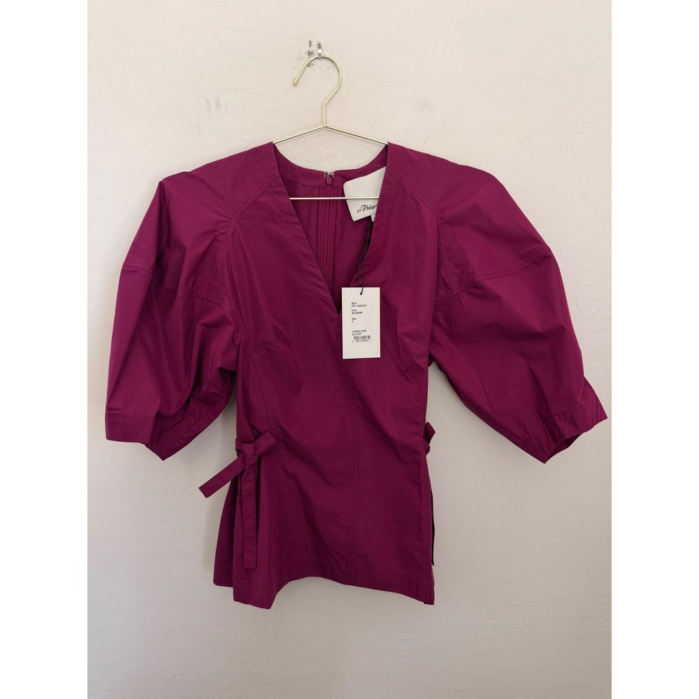 3.1 Phillip Lim Mulberry Purple V-Neck Puff Sleeve Side Tie Top SZ 6 Avant Garde